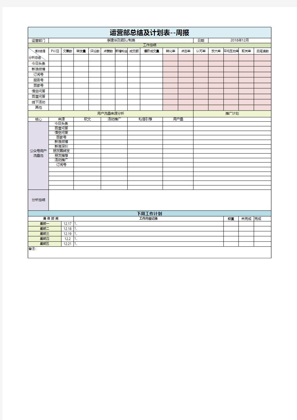 运营总结及计划表--周报