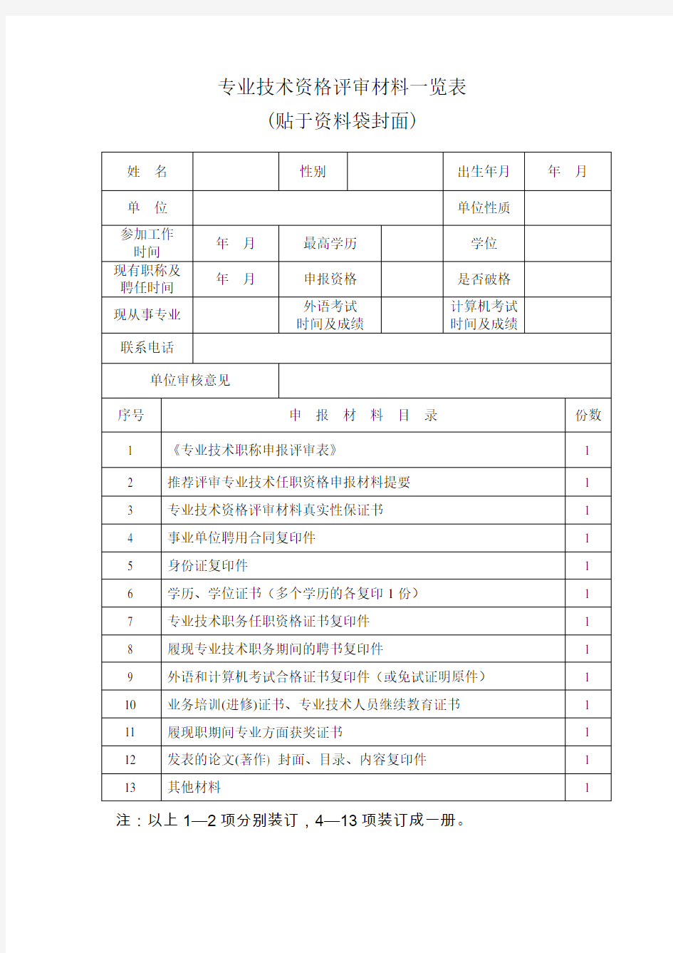 专业技术资格评审材料一览表