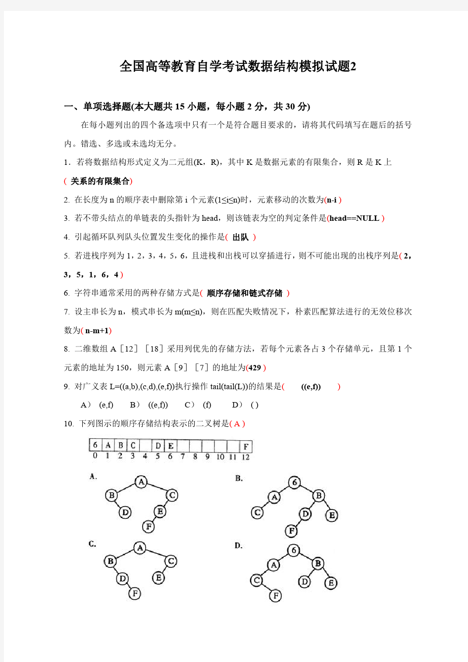 数据结构模拟试卷2