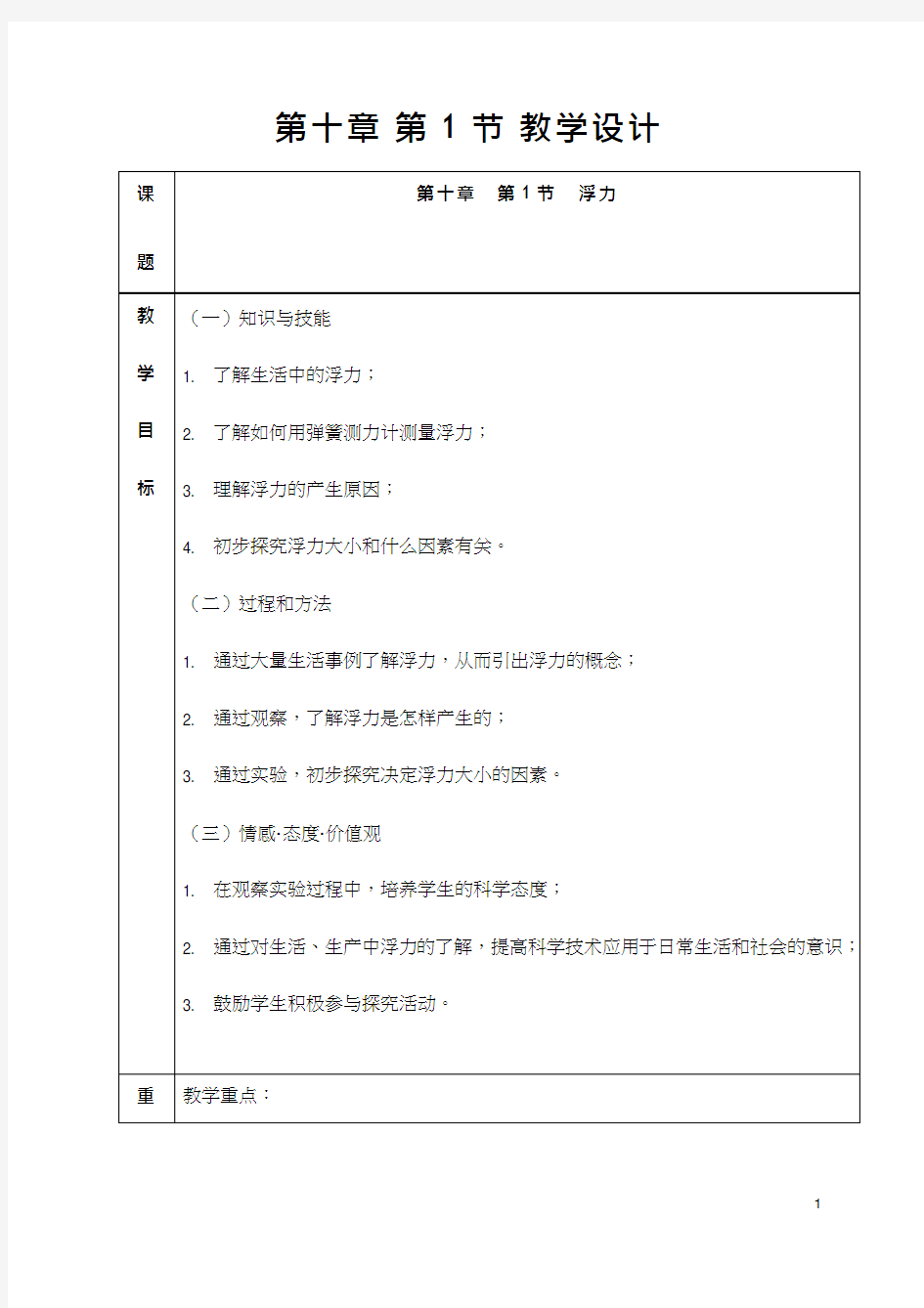 人教版初中物理《第十章第一节 浮力》优质课教案、教学设计