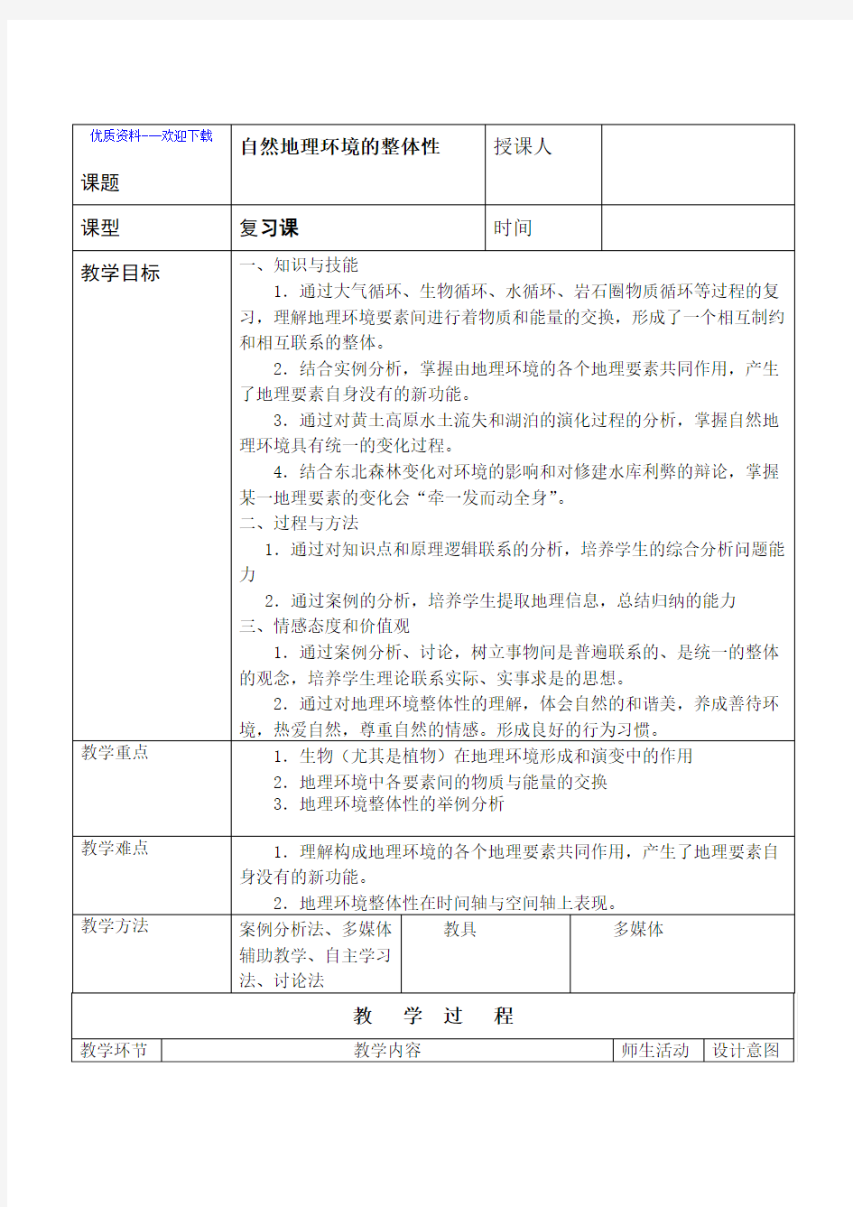 高中地理人教版必修一高中必修1第5章第1节自然地理环境的整体性教案1