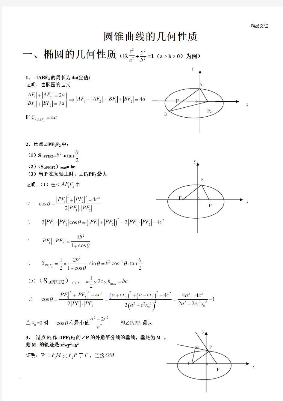 圆锥曲线几何性质总汇