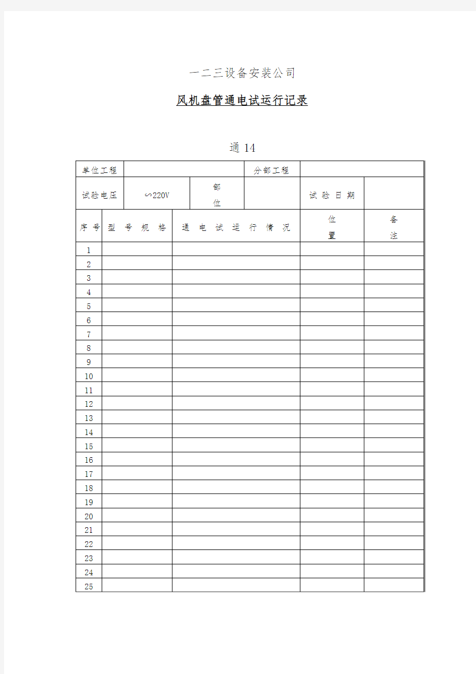 风机盘管通电试运行情况记录表