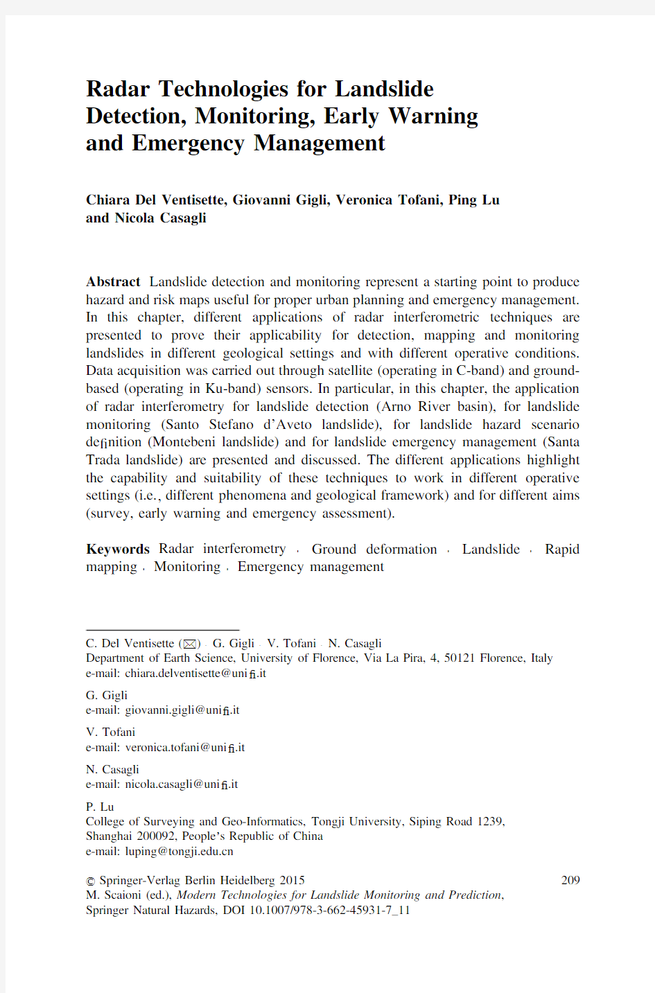 Radar Technologies for Landslide Detection, Monitoring, Early Warning and Emergency Management