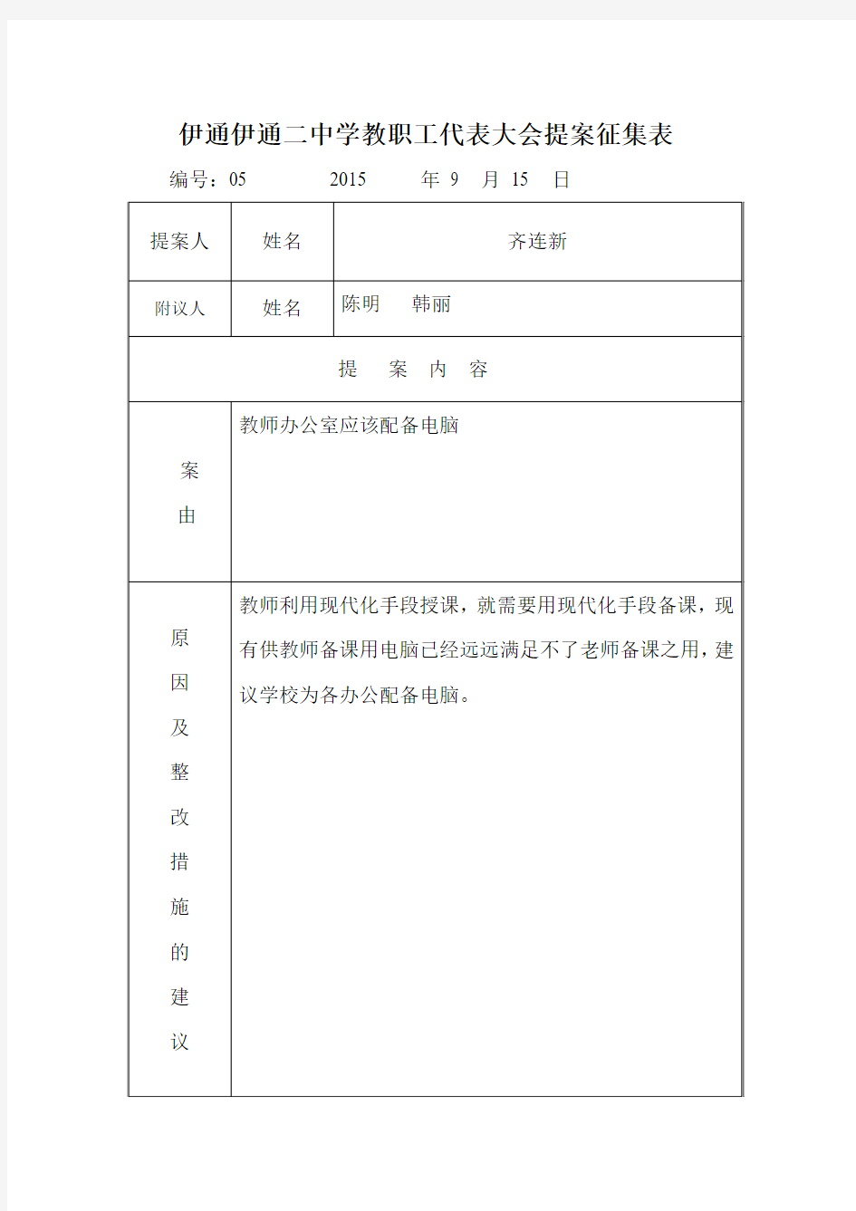 伊通二中学教职工代表大会提案征集表