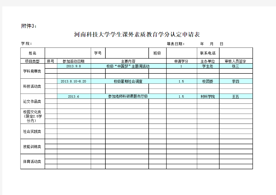 河南科技大学学生课外素质教育学分认定申请表