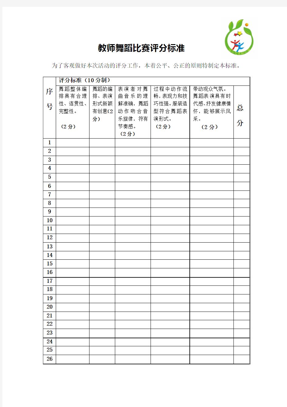 临河中心小学艺术幼儿园教师舞蹈比赛评分标准