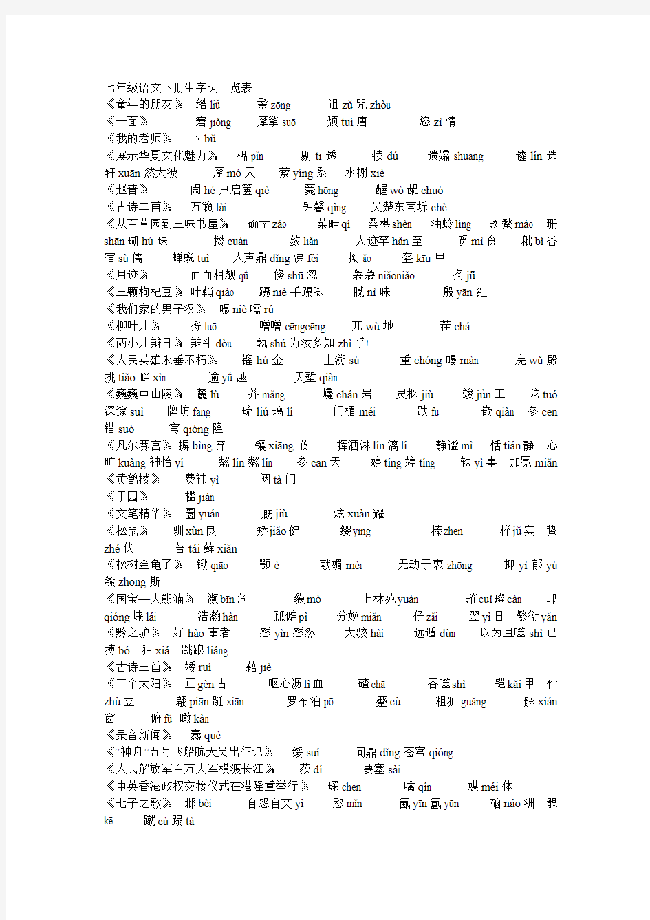 七年级语文下册生字词一览表中考复习_苏教版_语文