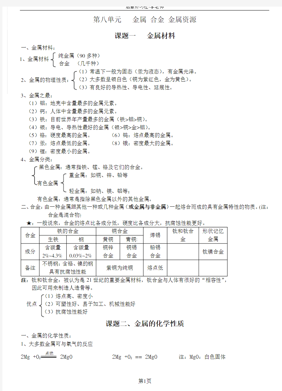 人教版初三化学下册.知识总结