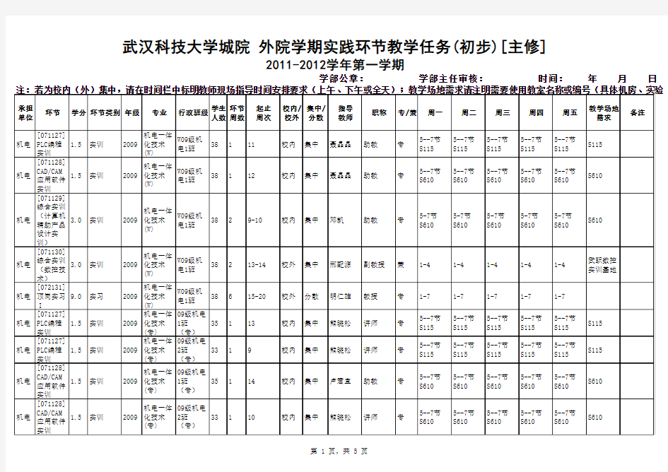 2011-2012学年第一学期机电学部实践环节任务书