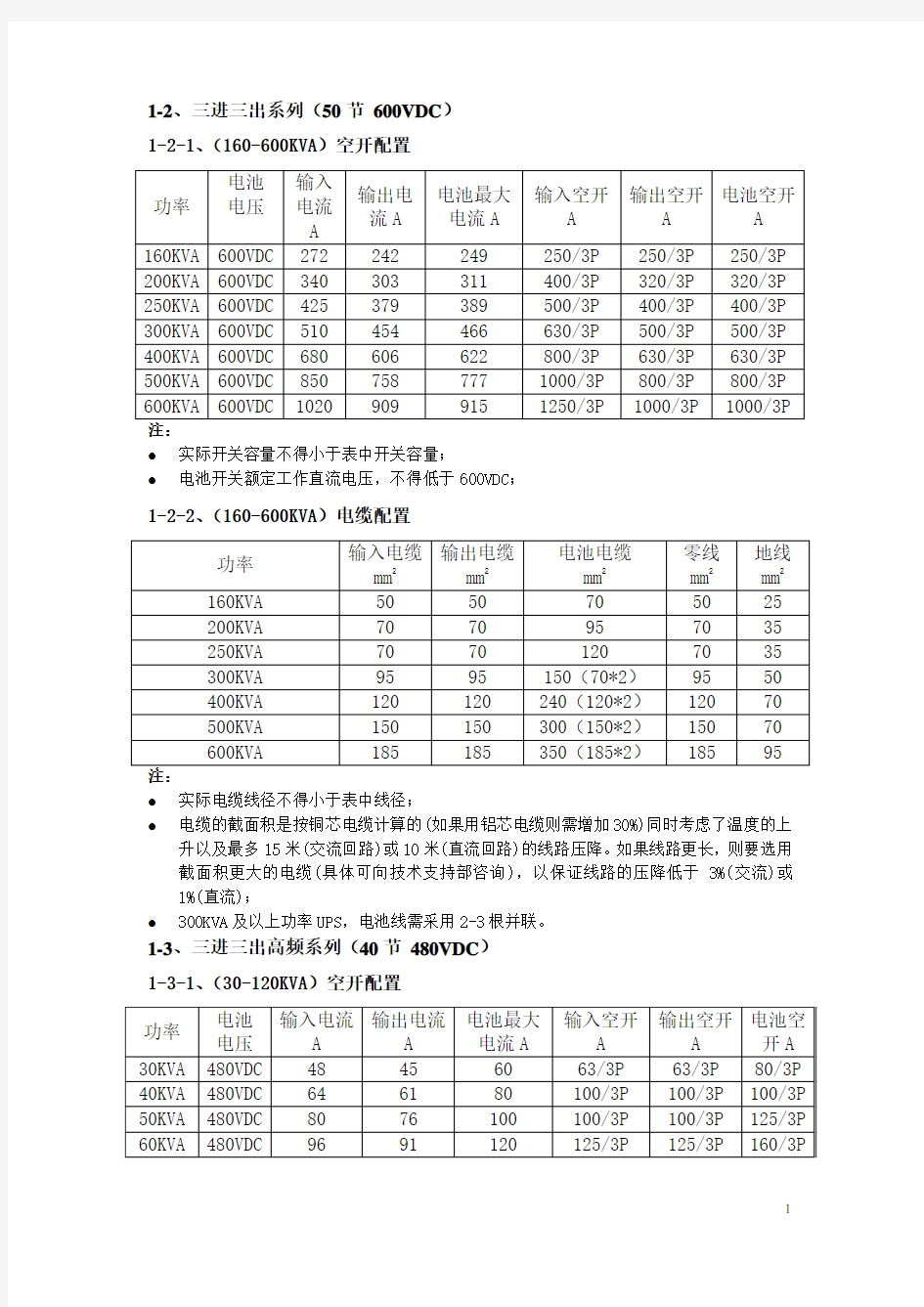 UPS电缆参数-----配线规格表