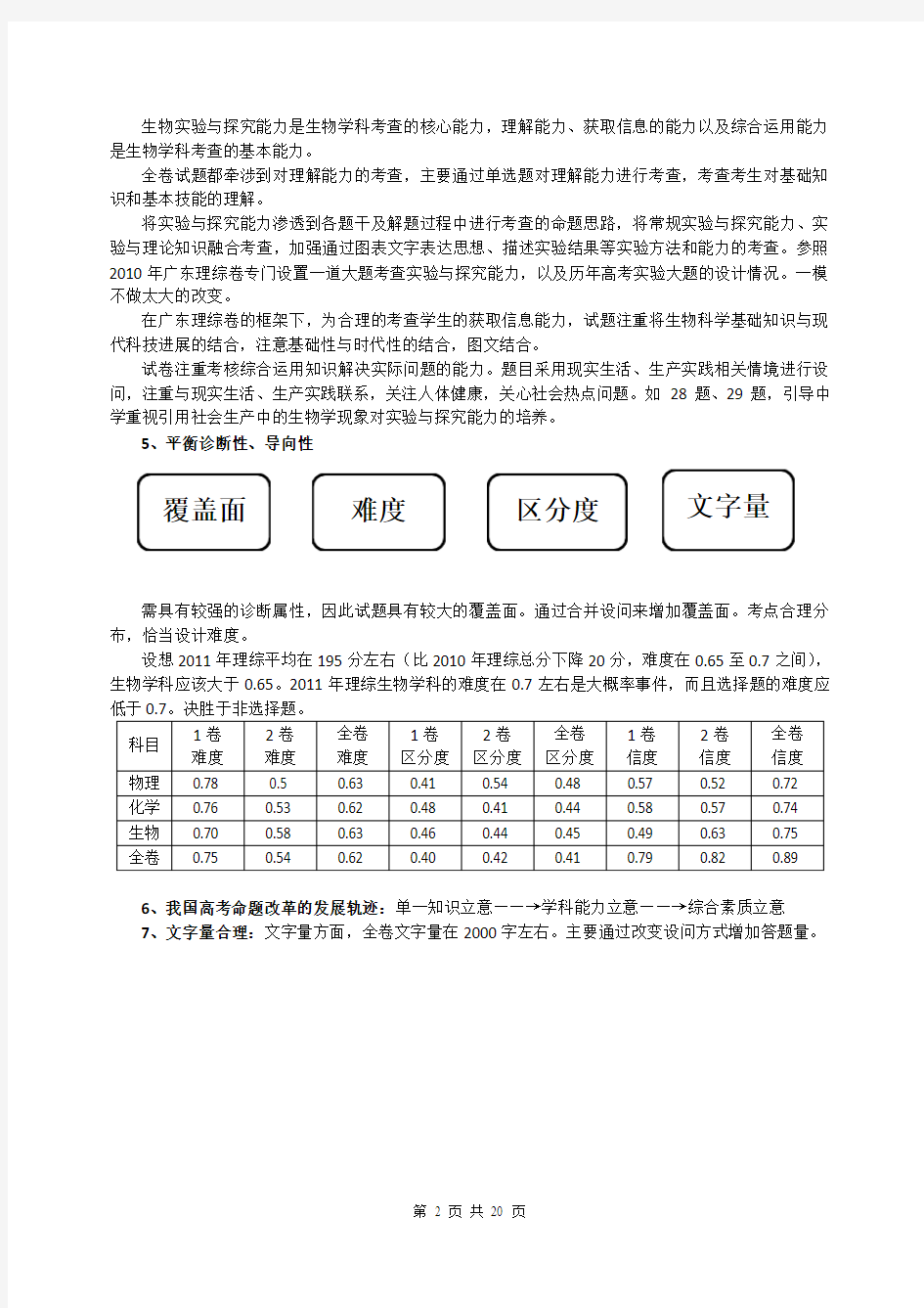 2011年广州市综合测试(一)生物科分析报告