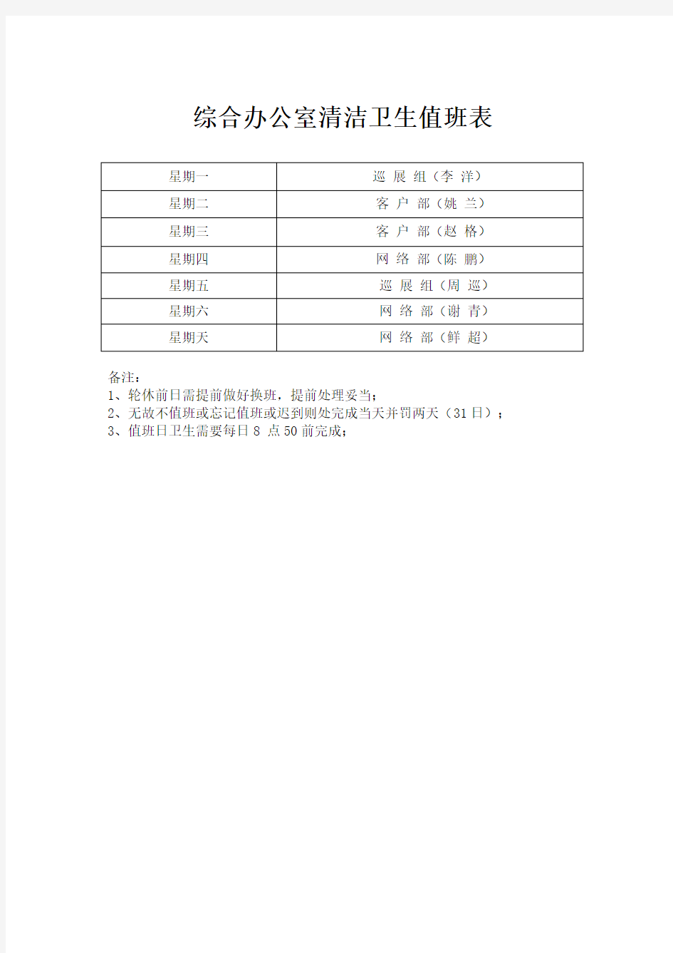 综合办公室清洁卫生值班表