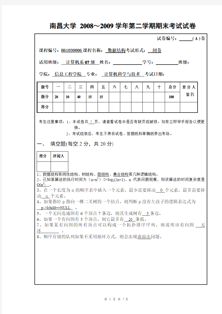 南昌大学_2008～2009学年第二学期数据结构期末考试标准答案A