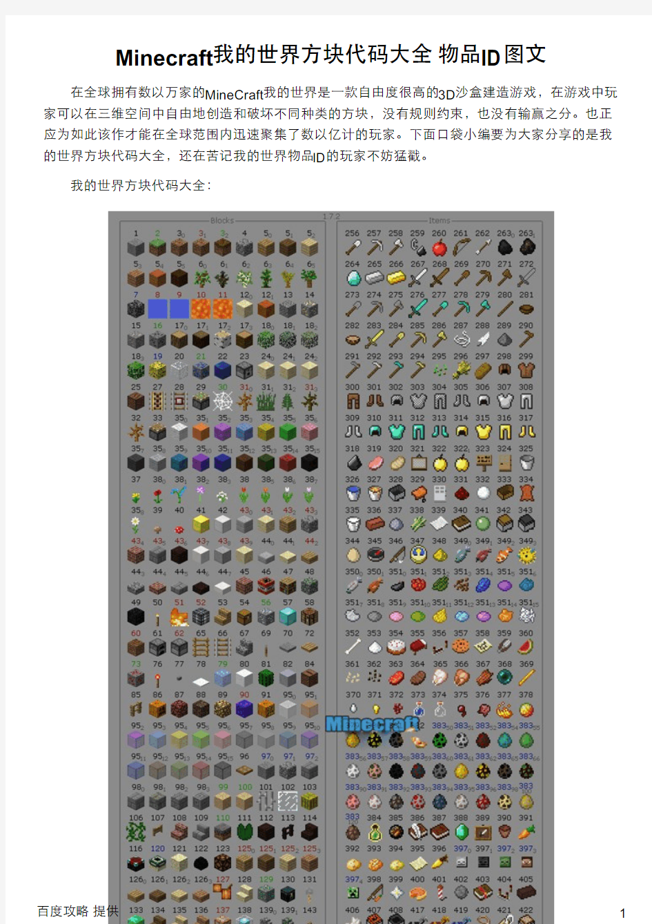 Minecraft我的世界方块代码大全 物品ID图文