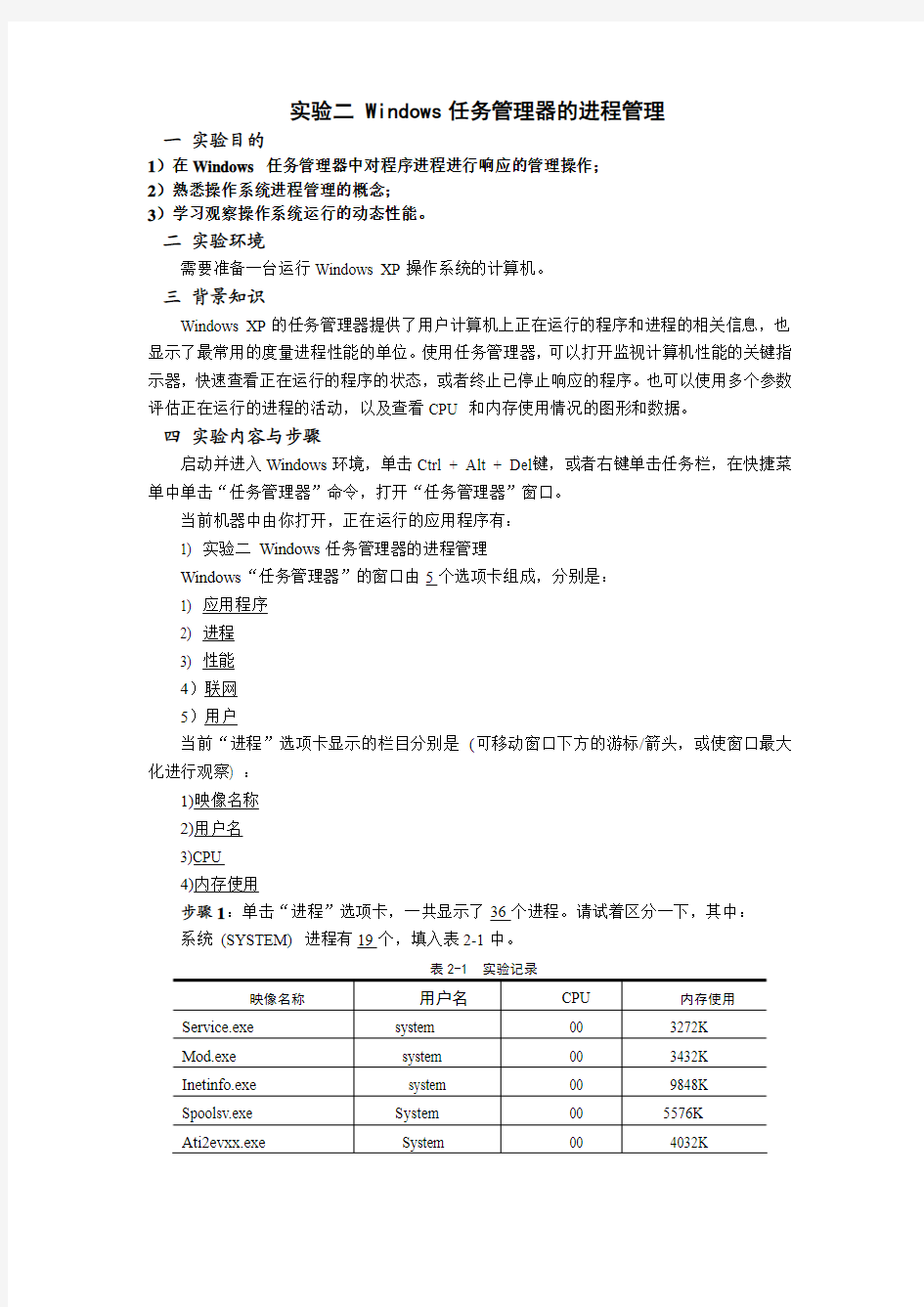 实验二 Windows任务管理器的进程管理