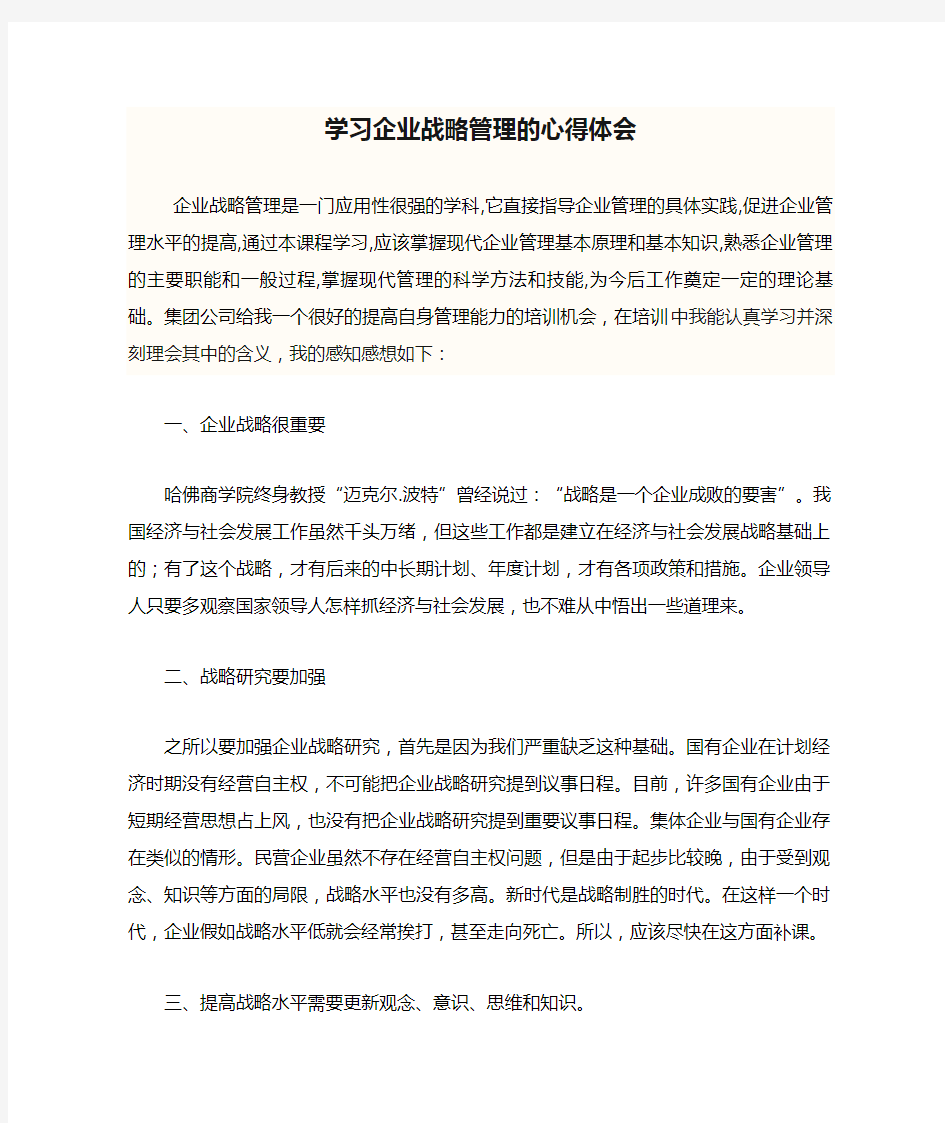 学习企业战略管理的心得体会