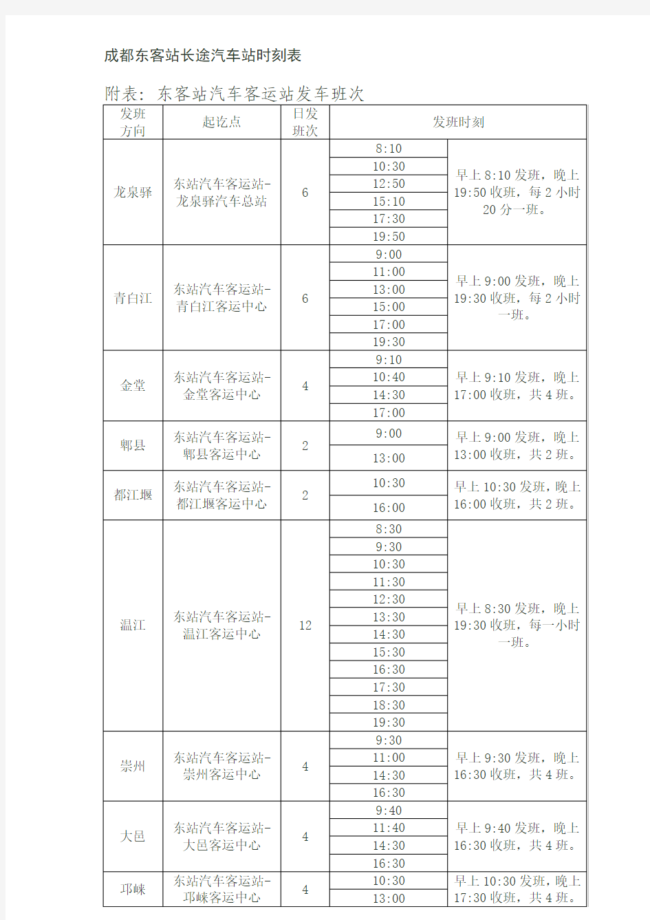 成都东客站长途汽车站时刻表