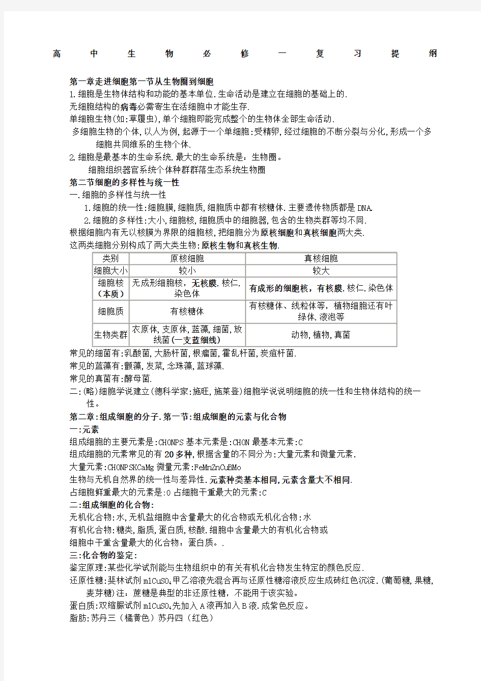 高一上学期生物期末复习知识点