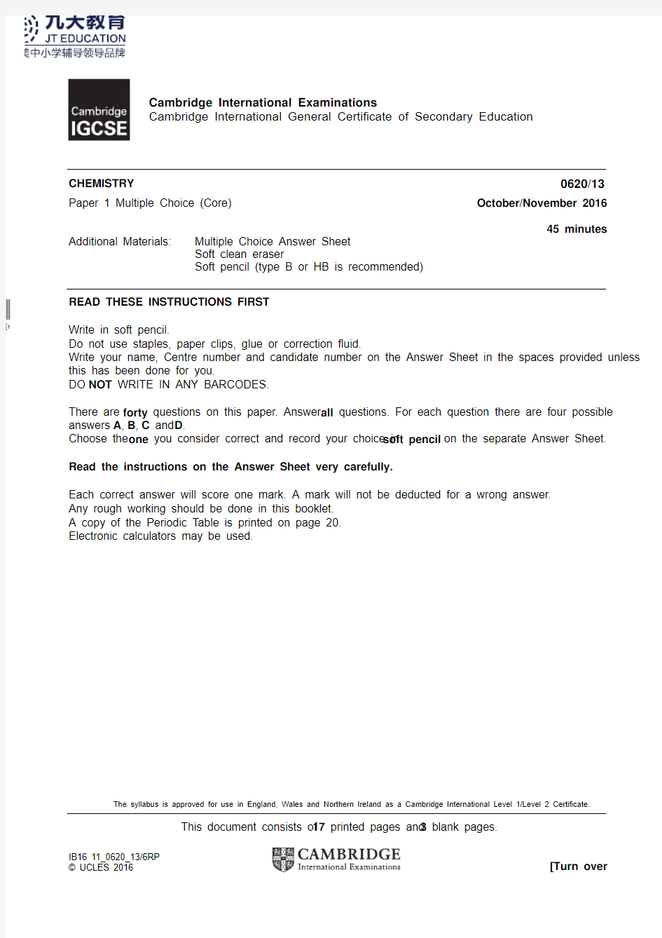 九天国际教育GCSE真题November 2016 (v3) QP - Paper 1 CIE Chemistry IGCSE