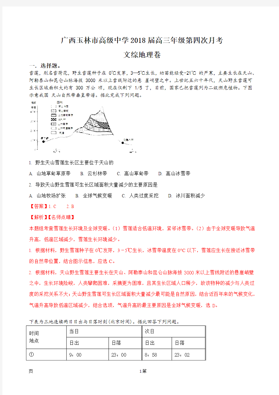 2018届广西玉林市高级中学高三年级第四次月考文综地理卷(解析版)