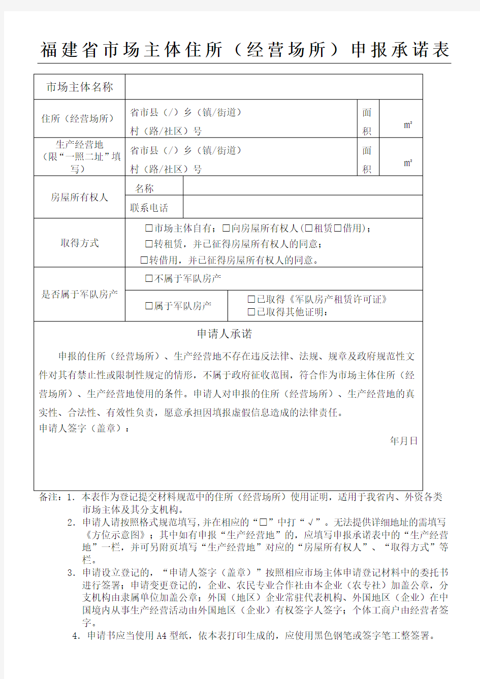 11福建省市场主体住所(经营场所)申报承诺表格模板