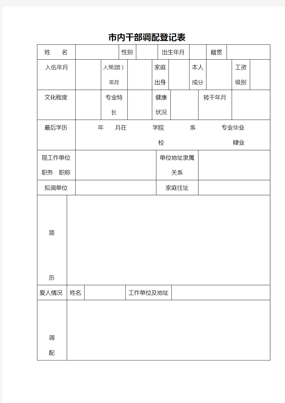 市内干部调配登记表