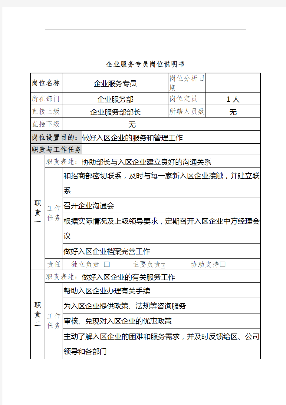 企业服务部企业服务专员岗位职责