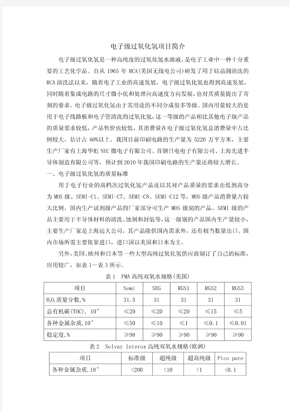 电子级过氧化氢项目介绍