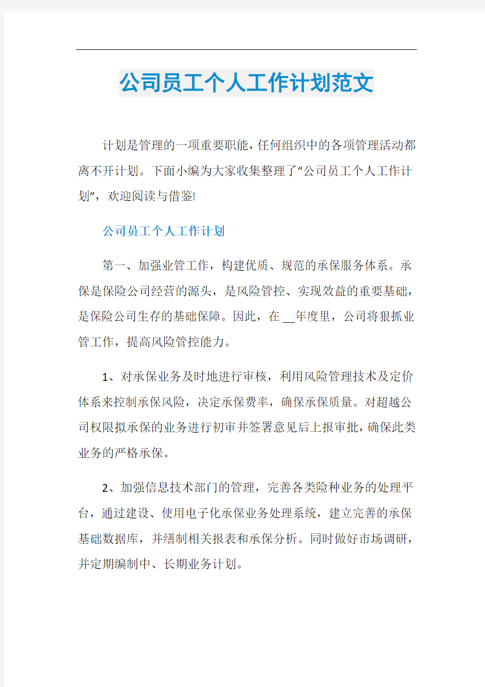 公司员工个人工作计划范文