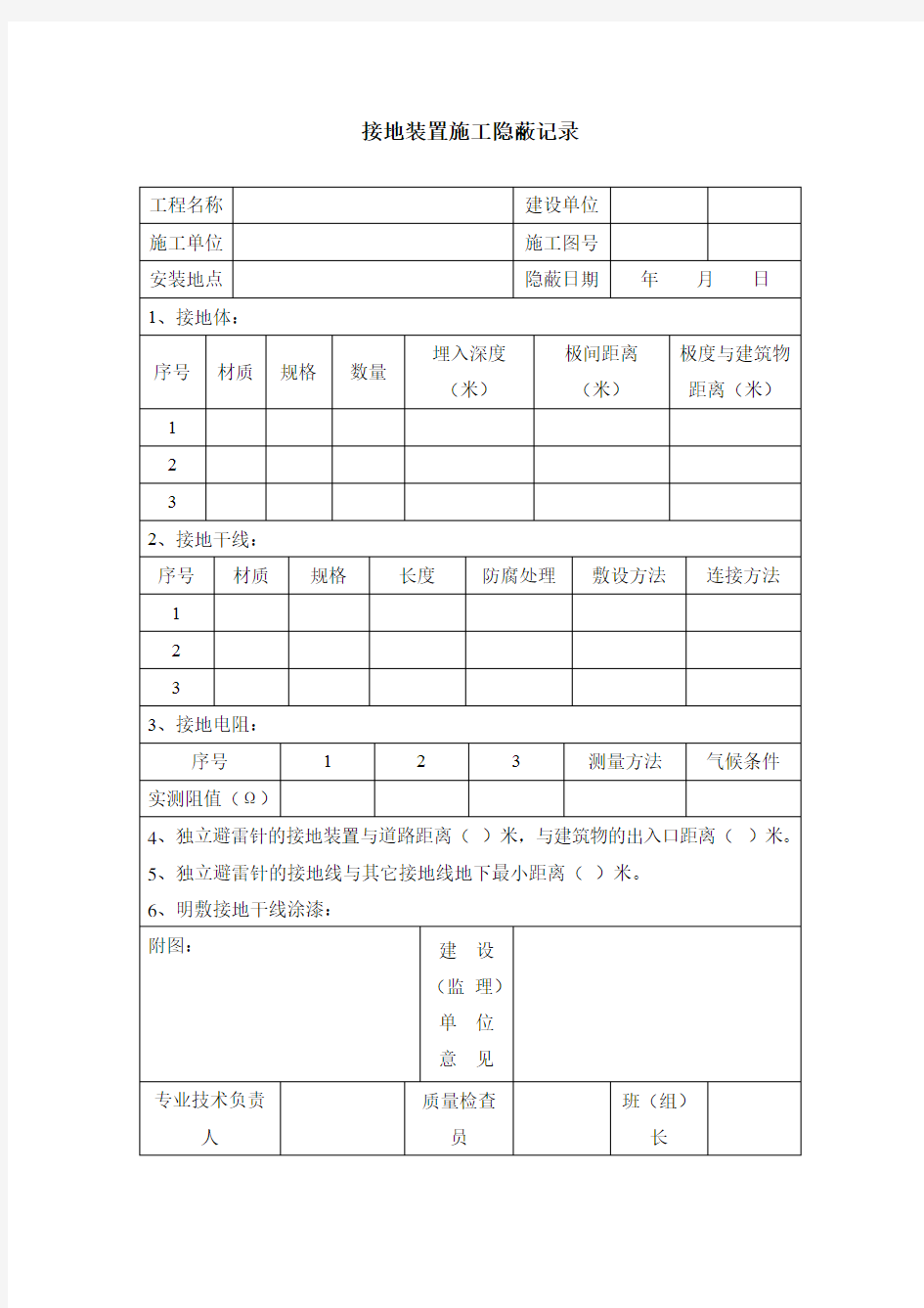 接地装置施工隐蔽记录