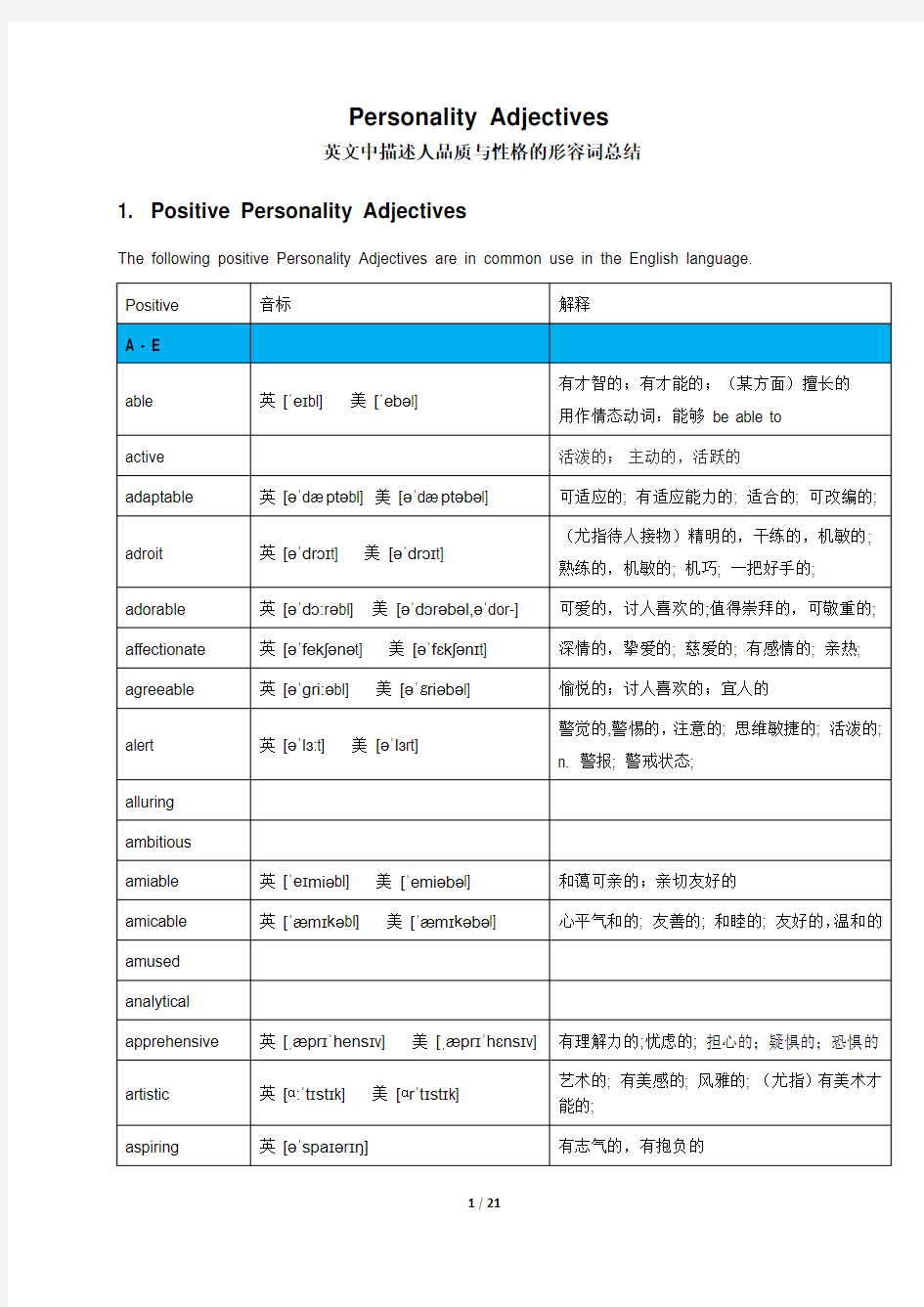 20181003-Personality Adjectives(英文中描述人品质与性格的形容词总结)-Vision