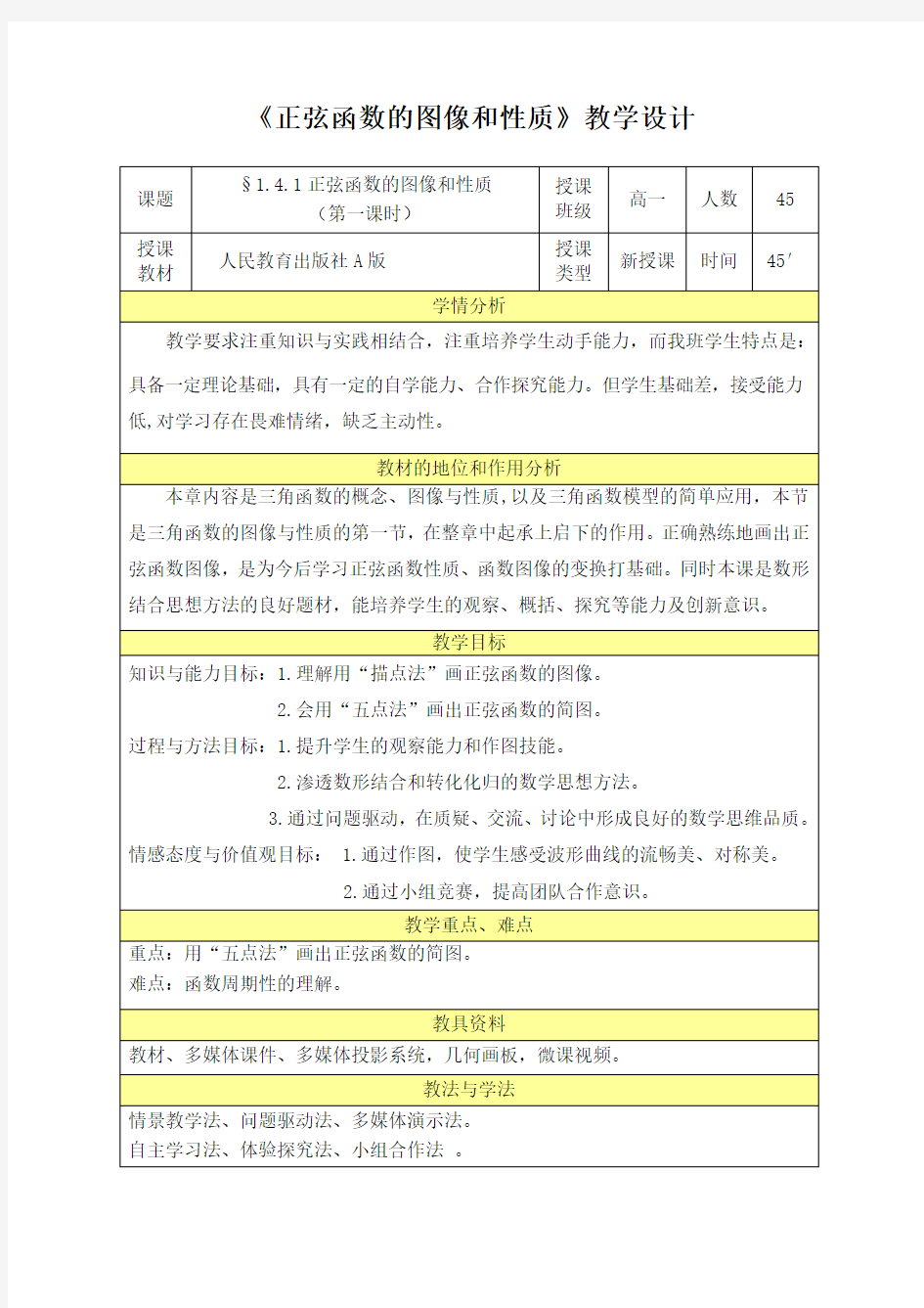 正弦函数的图像和性质教学设计