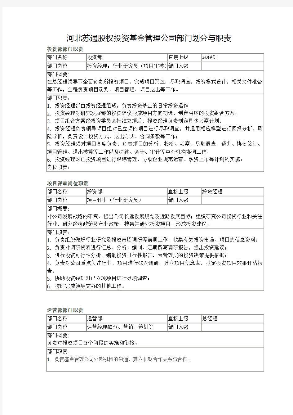 股权投资公司部门划分与职责