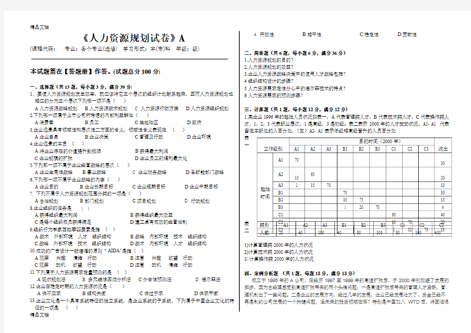 最新人力资源规划试卷A