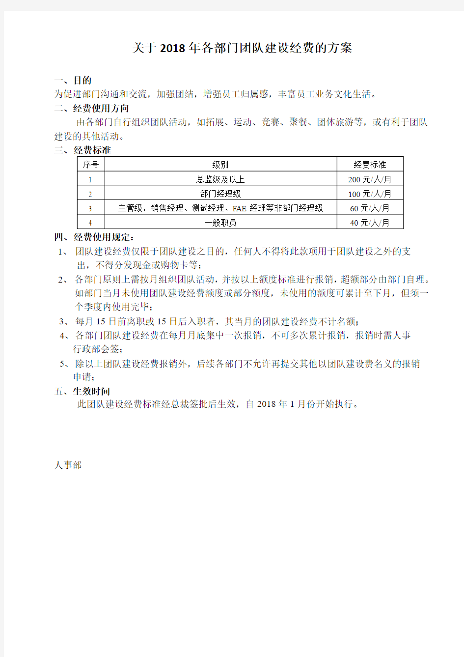 关于2018年各部门团队建设经费的方案0