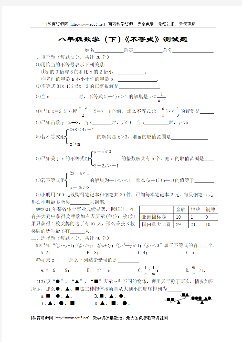 八年级数学下不等式测试题