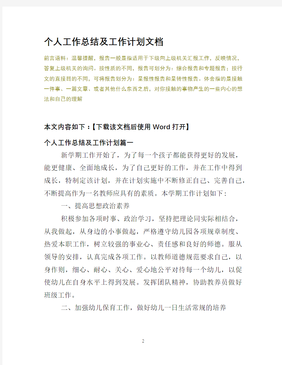 个人工作总结及工作计划文档