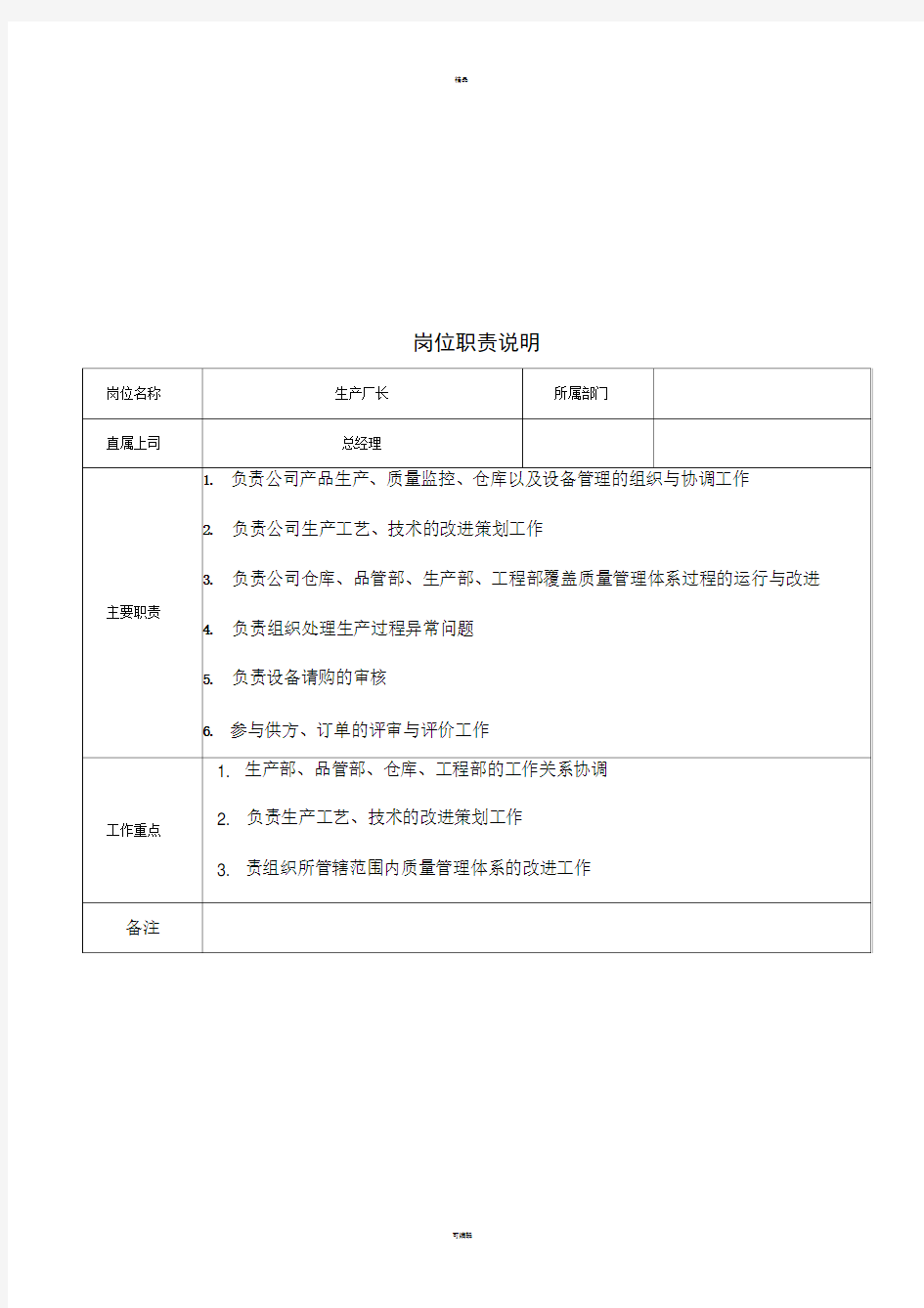 定岗定编岗位职责说明