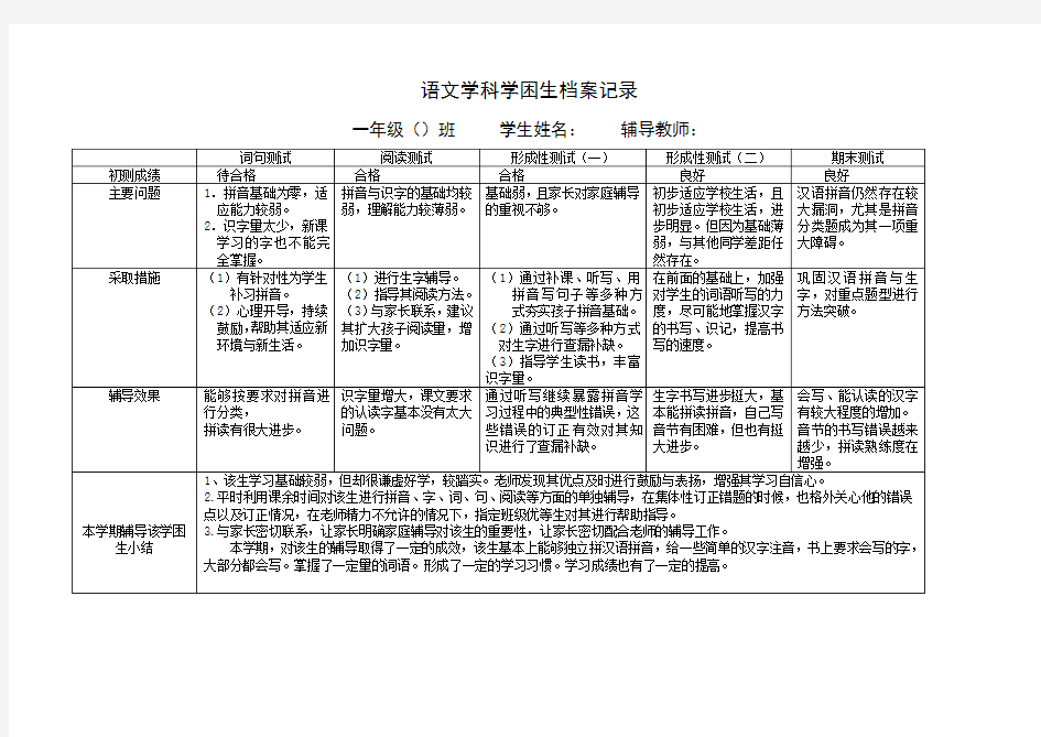 (完整)一年级语文学困生辅导记录