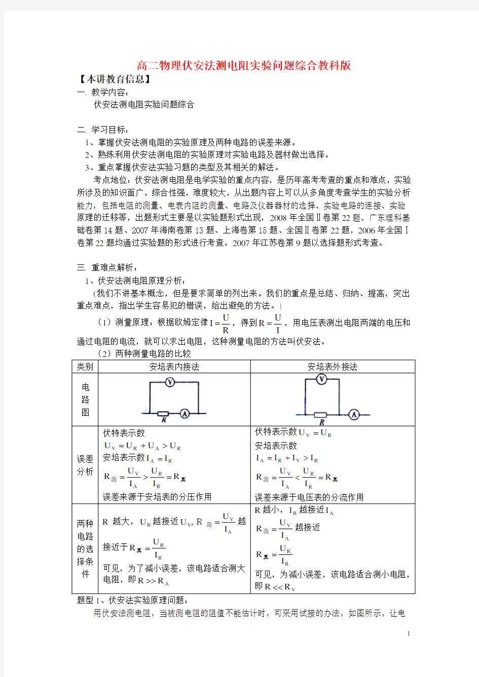 高二物理 伏安法测电阻实验问题综合知识精讲 教科版.doc