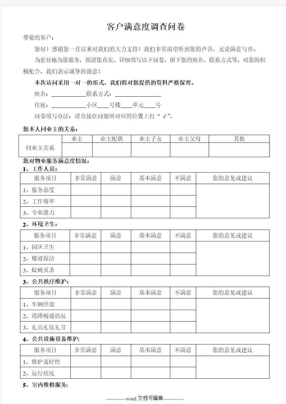 小区业主对物业公司满意度调查问卷样表.doc