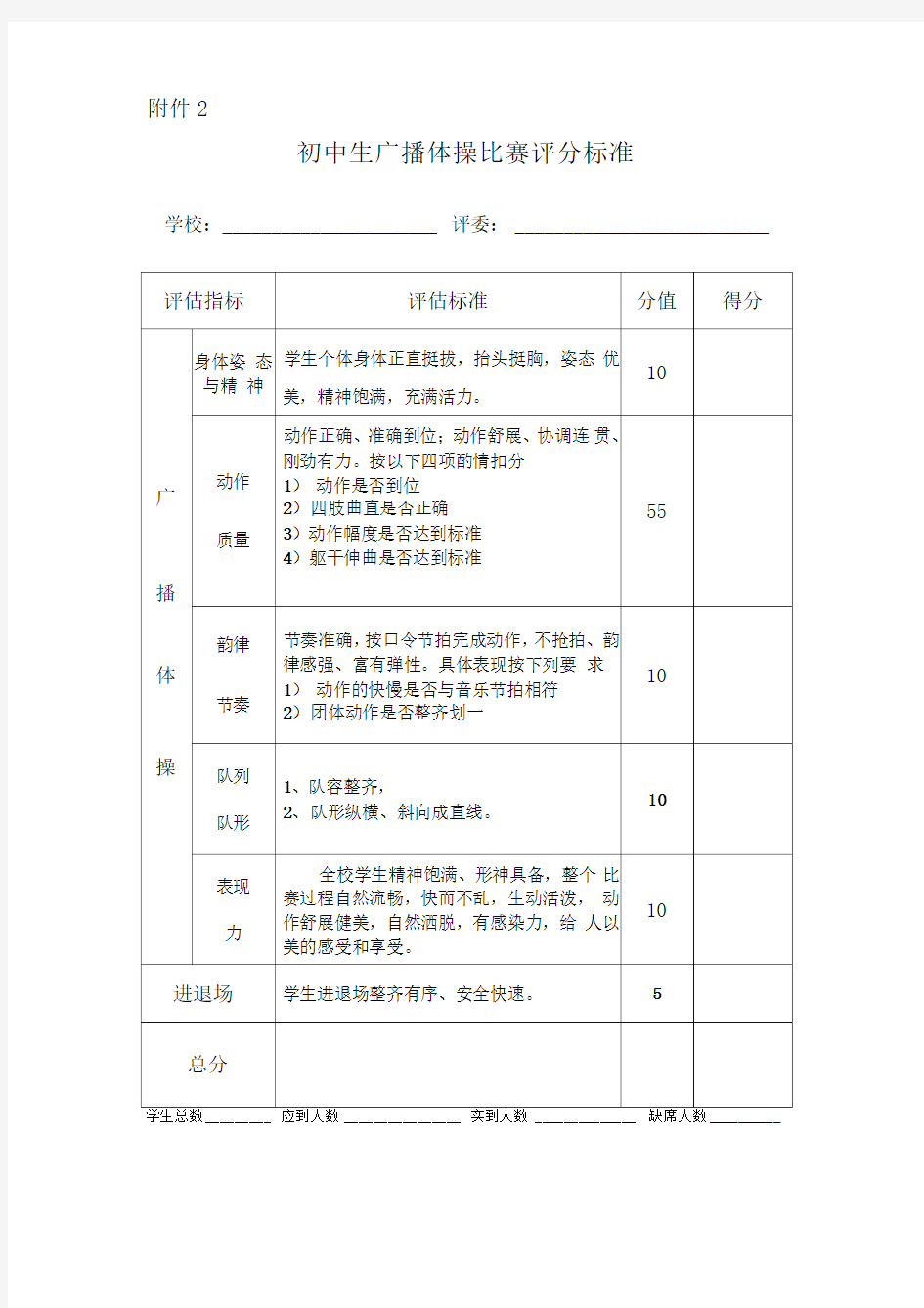 初中生广播体操比赛评分标准