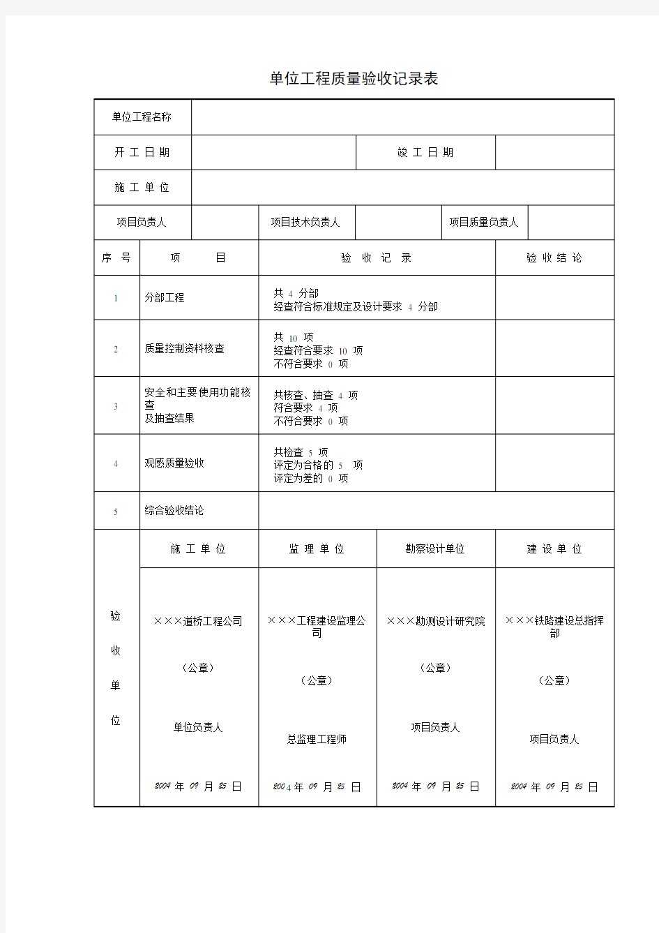 单位工程质量验收记录表