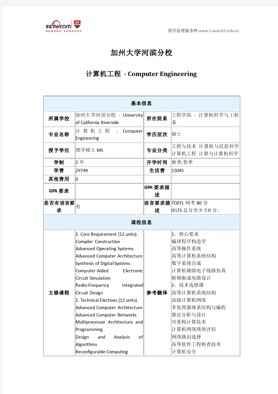 计算机工程硕士美国加州大学河滨分校