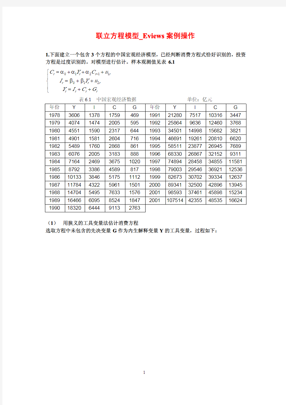 联立方程计量经济学模型——Eviews操作具体过程