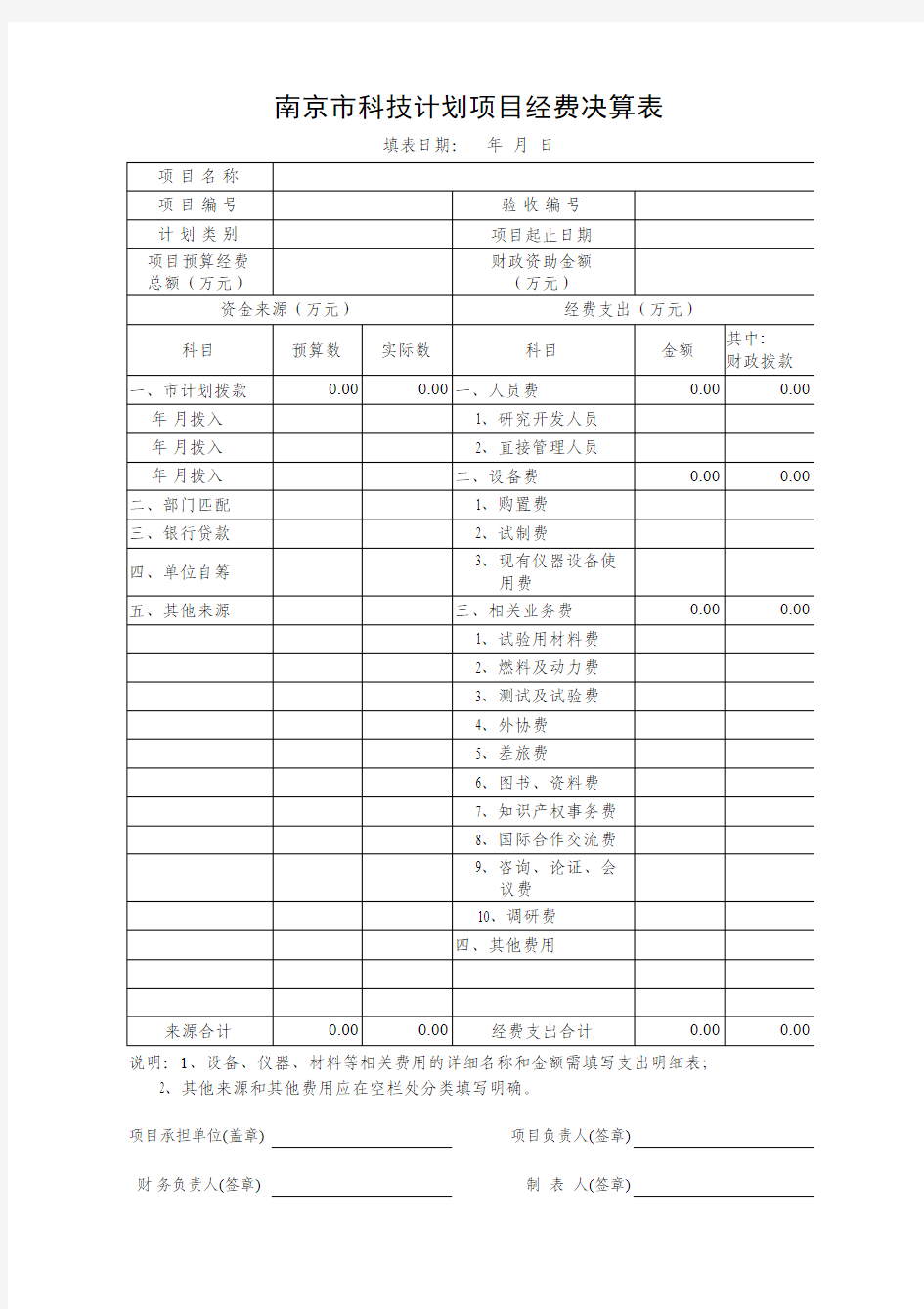 项目经费决算表与支出明细表