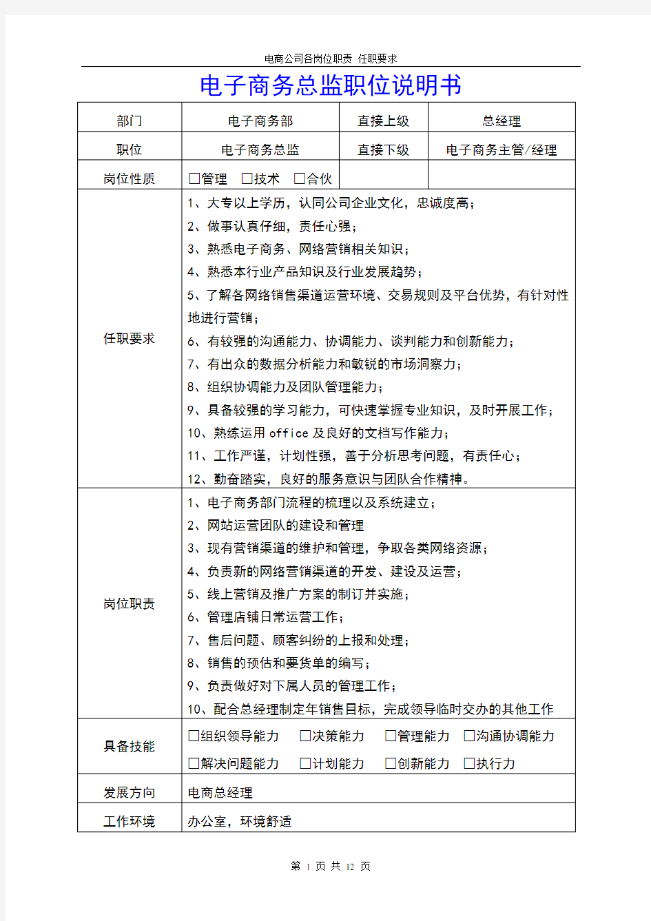 电商企业各岗位职责 电商公司各职位说明书