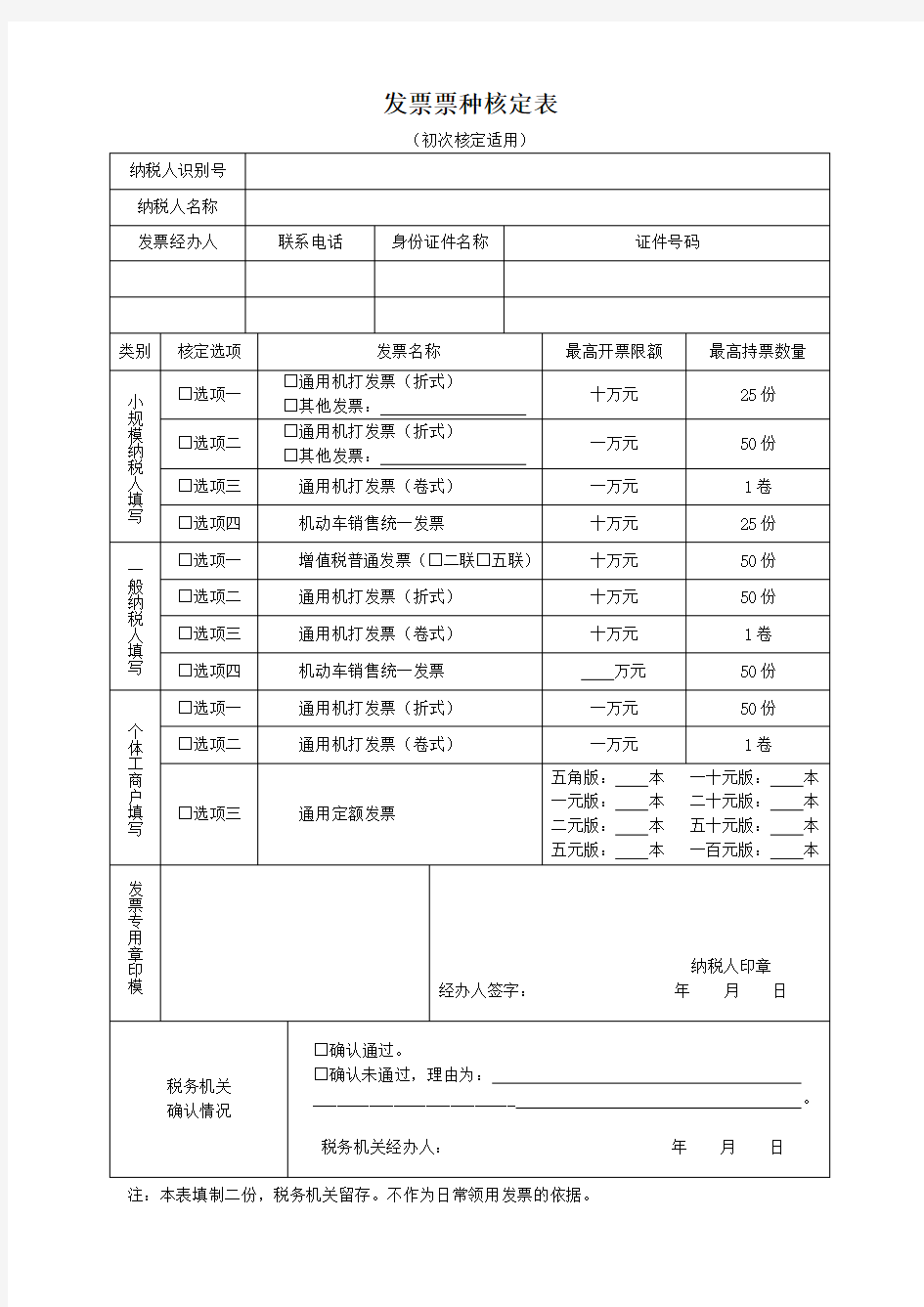 发票票种核定表(初次核定适用)