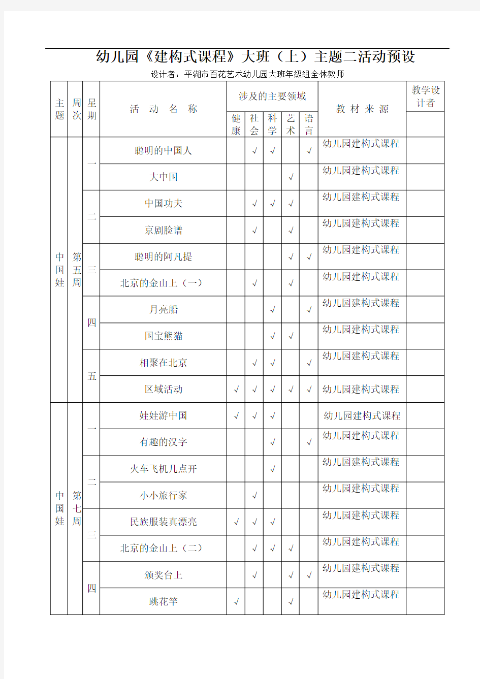 幼儿园建构式课程大班(上)主题二活动预设